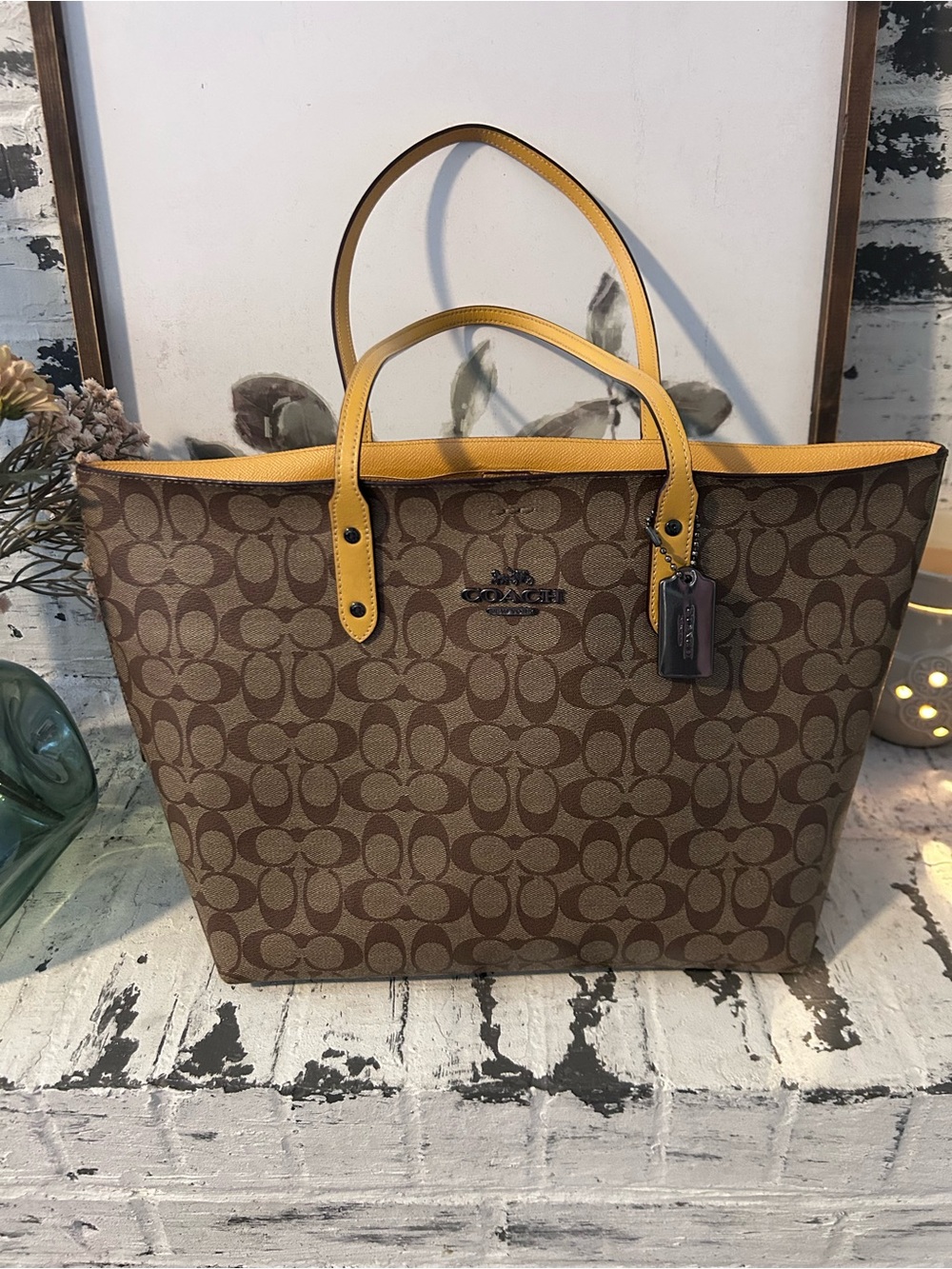 Coach City Tote Brown Signature Canvas Tote with Yellow Trim and Handles